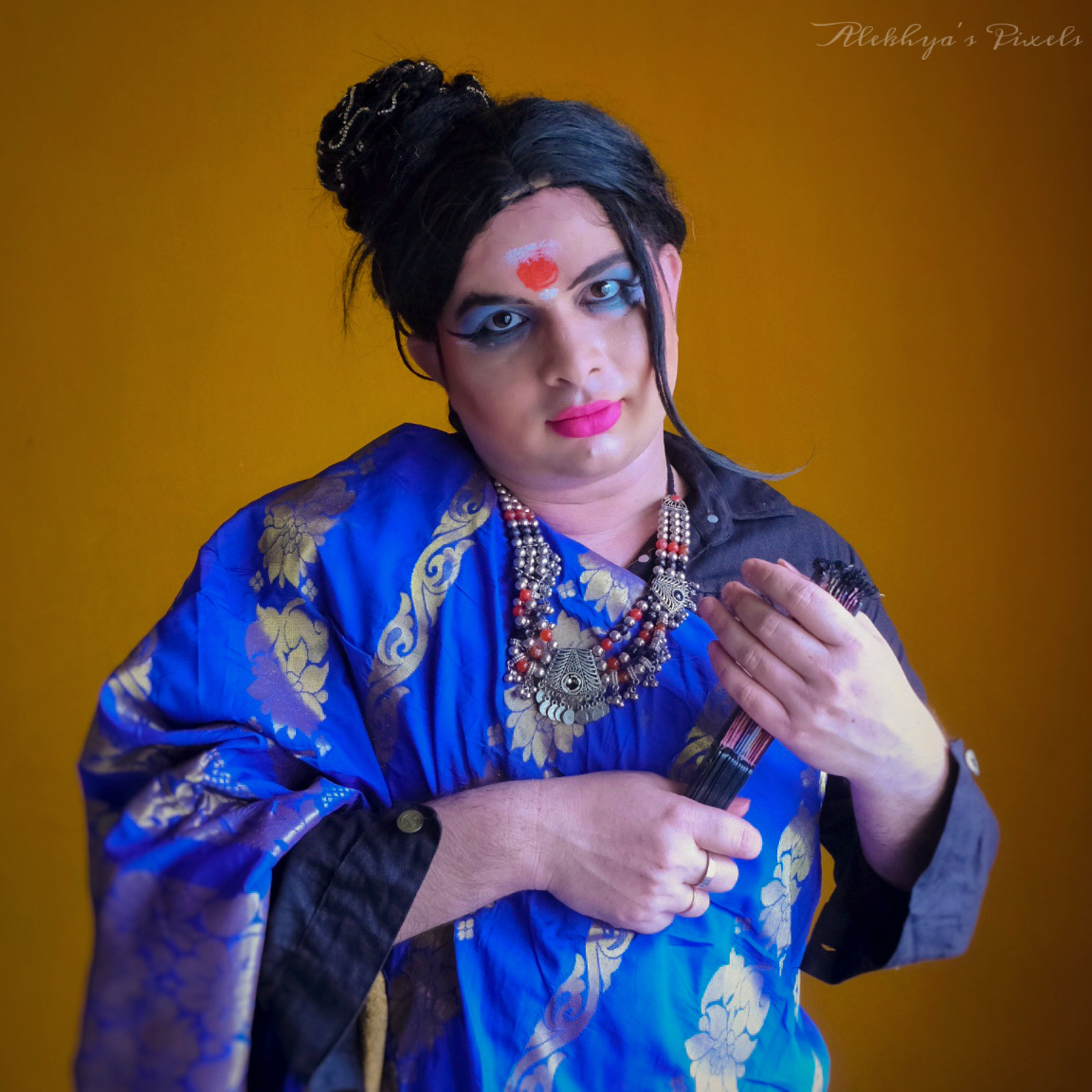 The author in drag, posing as Brihannala of the Mahabharata.